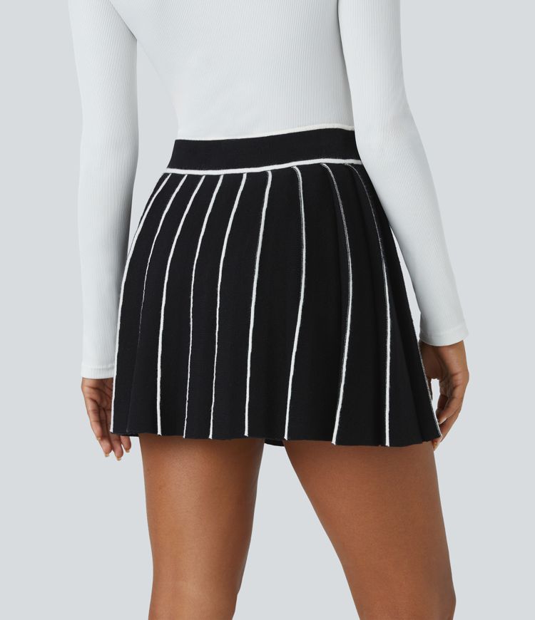 High Waisted Color Block 2-in-1 Pocket Pleated Mini Casual Knit Skirt