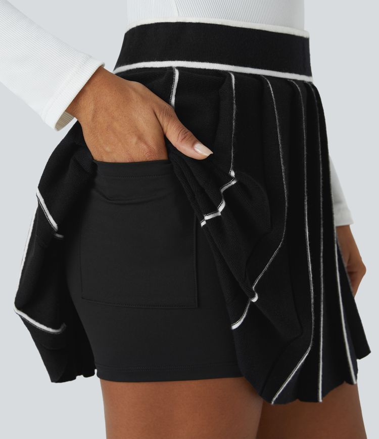 High Waisted Color Block 2-in-1 Pocket Pleated Mini Casual Knit Skirt