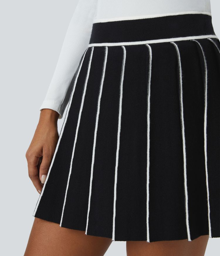 High Waisted Color Block 2-in-1 Pocket Pleated Mini Casual Knit Skirt
