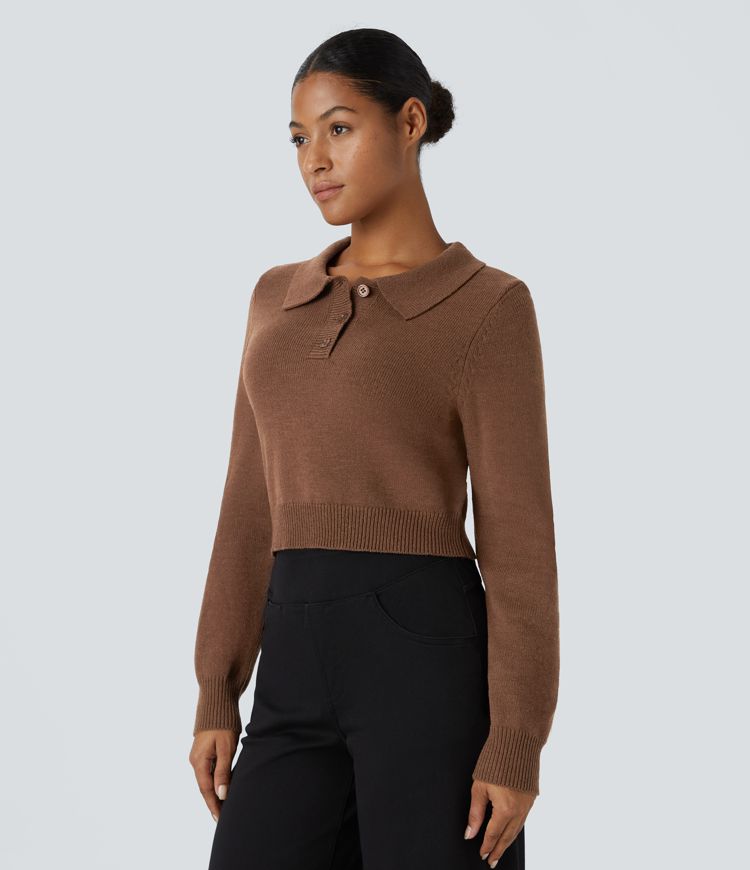 Pull décontracté à col, boutonné devant et manches longues