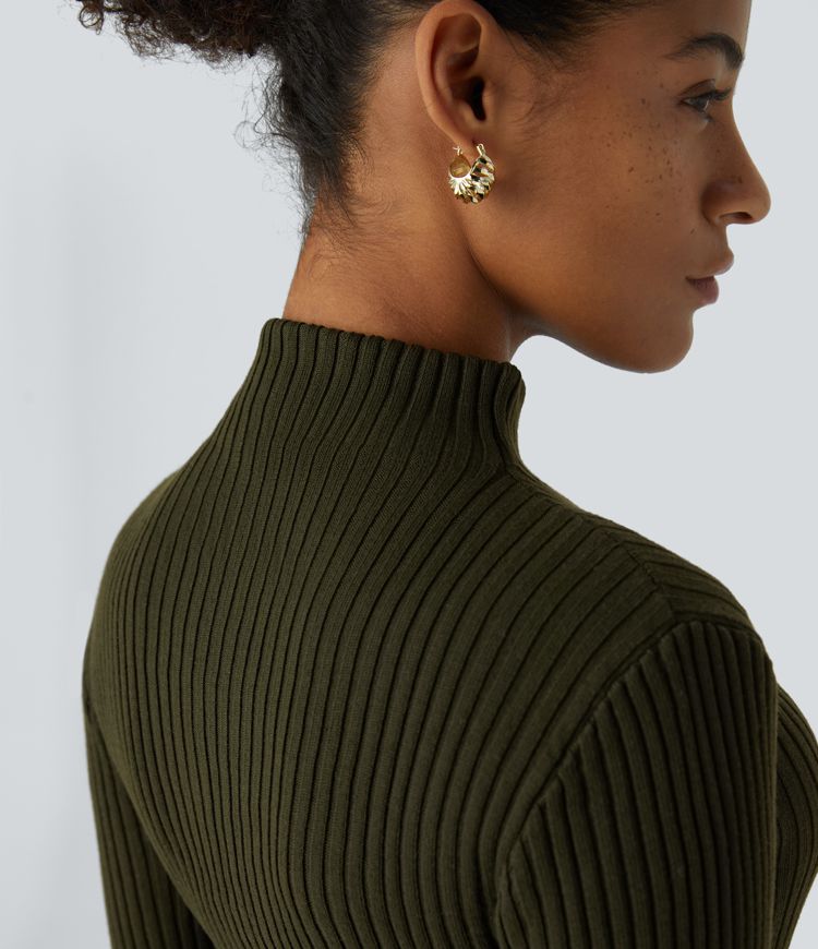 Mock Neck Long Sleeve Bodycon Midi Casual Sweater Dress