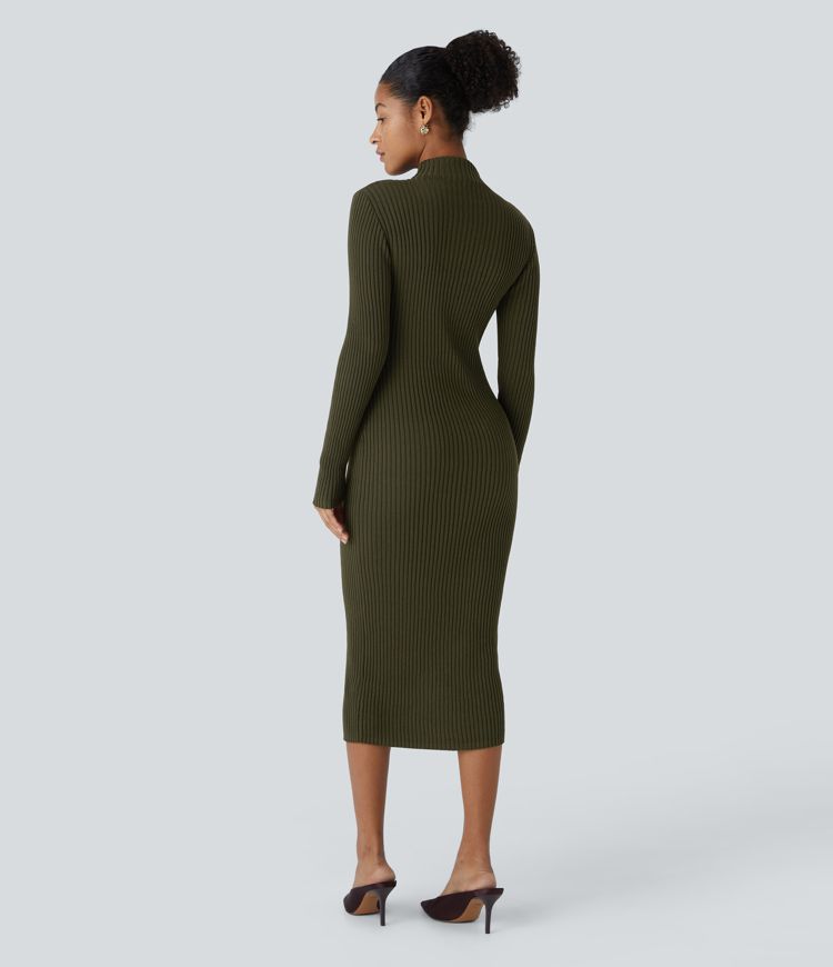 Mock Neck Long Sleeve Bodycon Midi Casual Sweater Dress