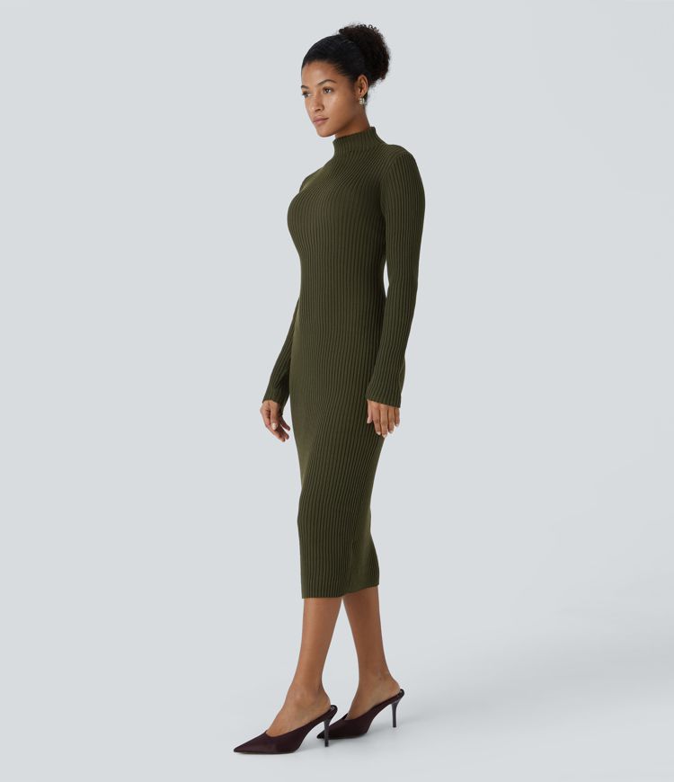 Mock Neck Long Sleeve Bodycon Midi Casual Sweater Dress
