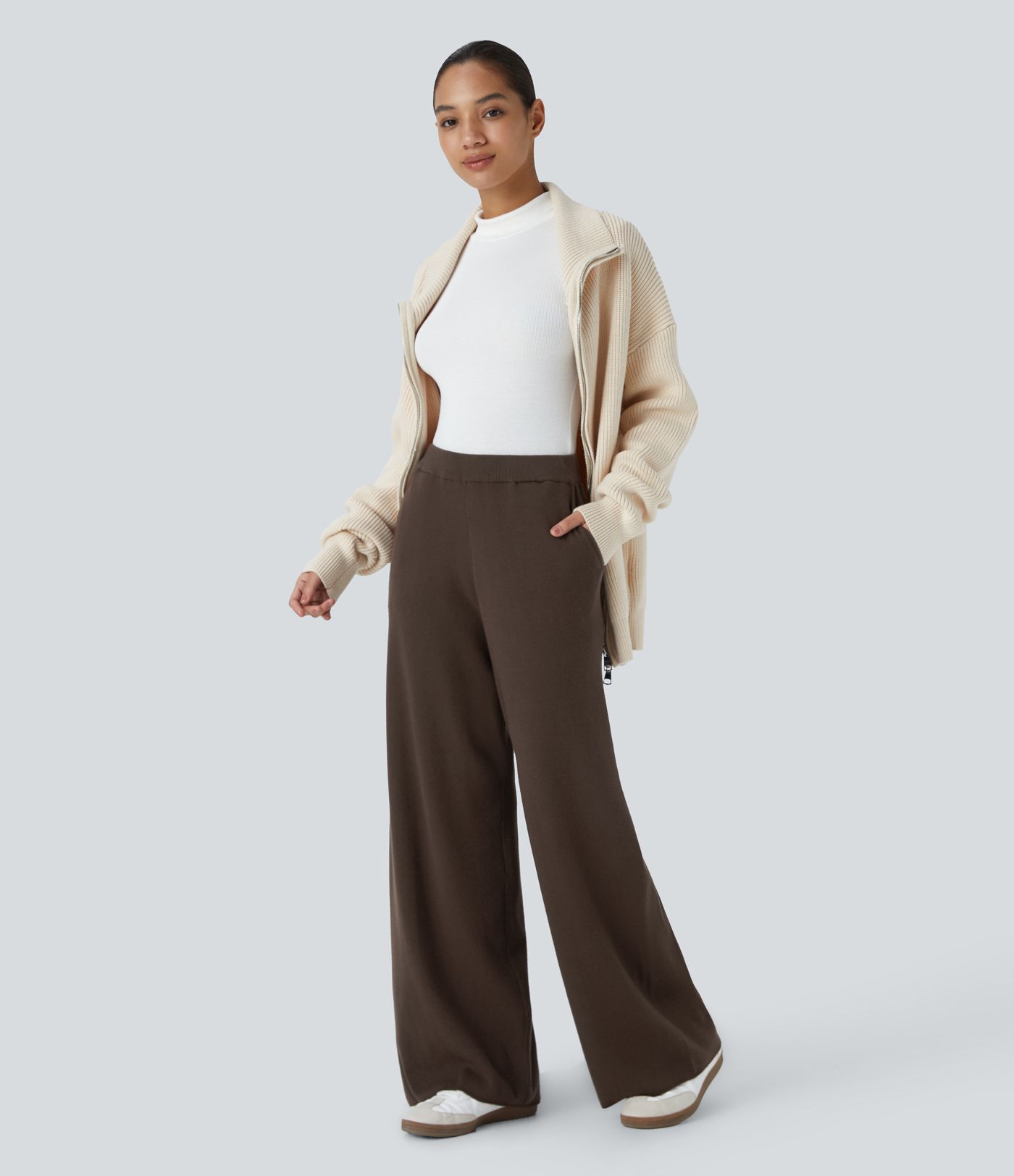 High Waisted Side Pocket Wide Leg Casual Trousers