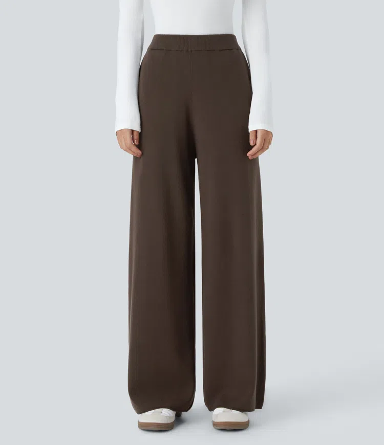 High-waist side pocket wide casual pants