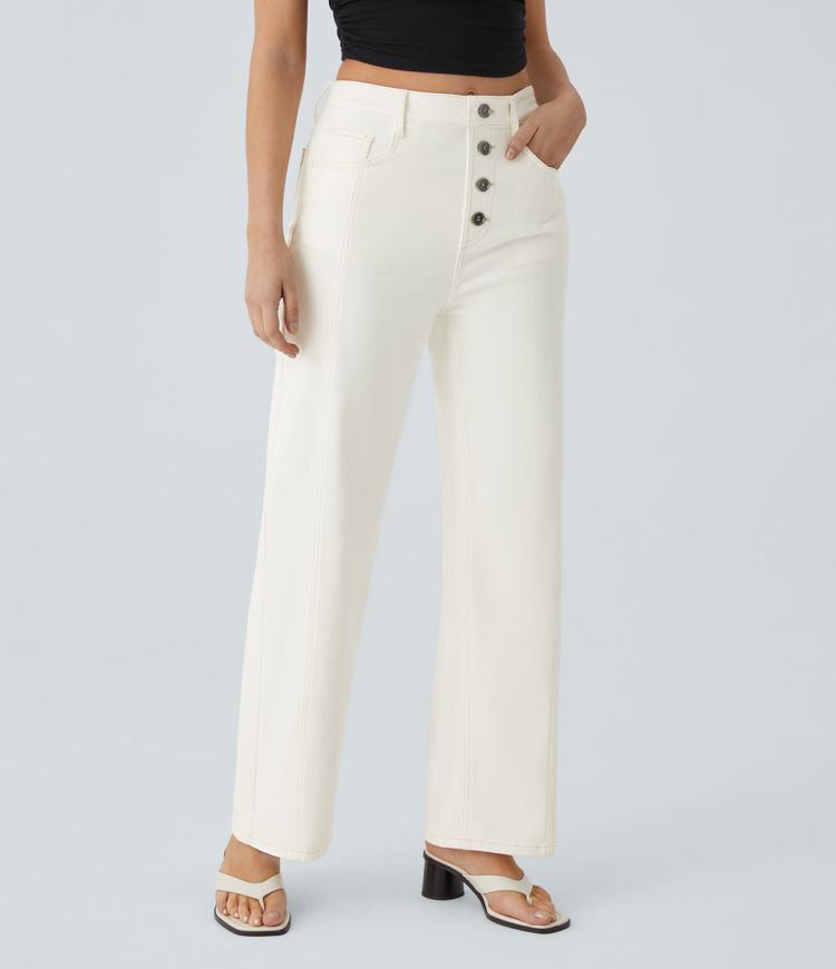 Halara Flex™ High Waist Decorative Button Multi-Pocket Straight Leg Stretch Knit Casual Boyfriend Jeans