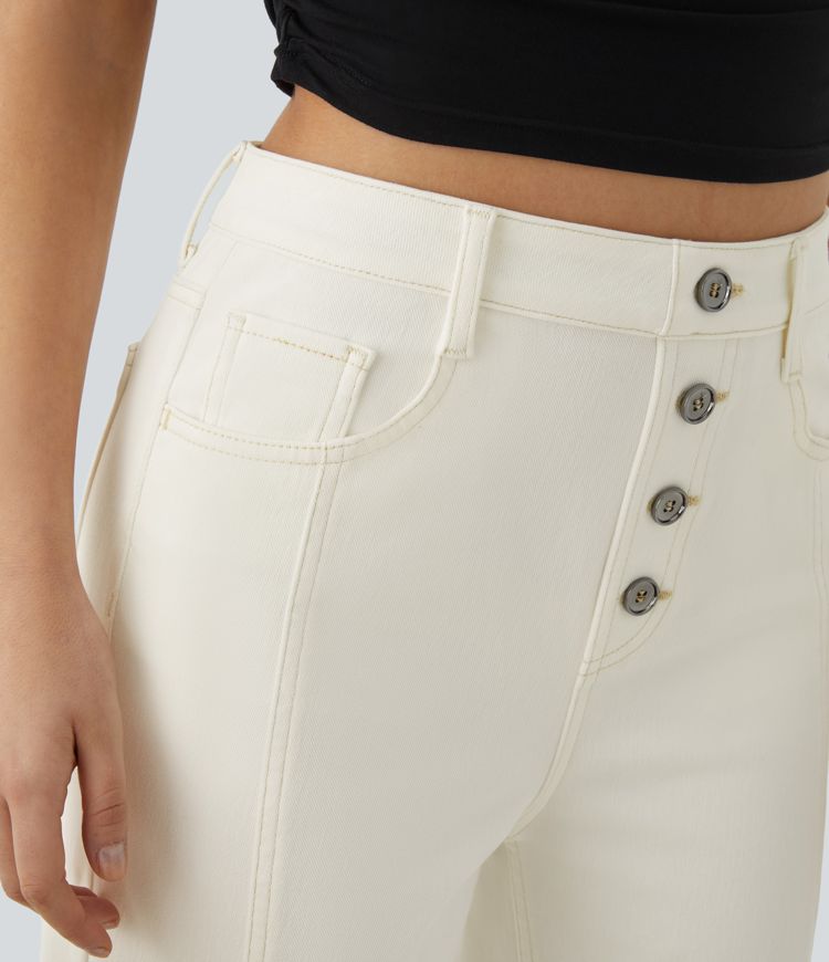 Halara Flex™ High Waist Decorative Button Multi-Pocket Straight Leg Stretch Knit Casual Boyfriend Jeans