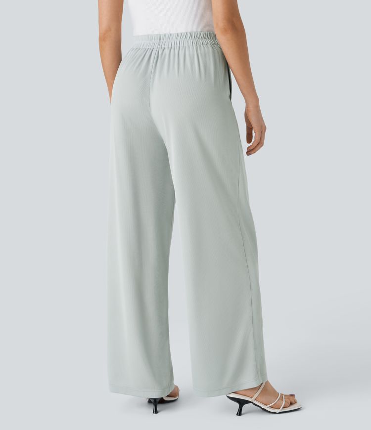 Pantalón gofre pierna recta bolsillo lateral lazo tiro alto