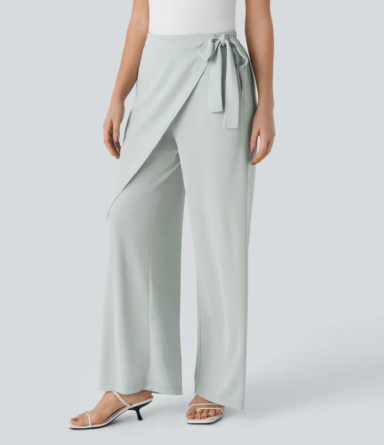 High-waist pocket straight waffle casual pants