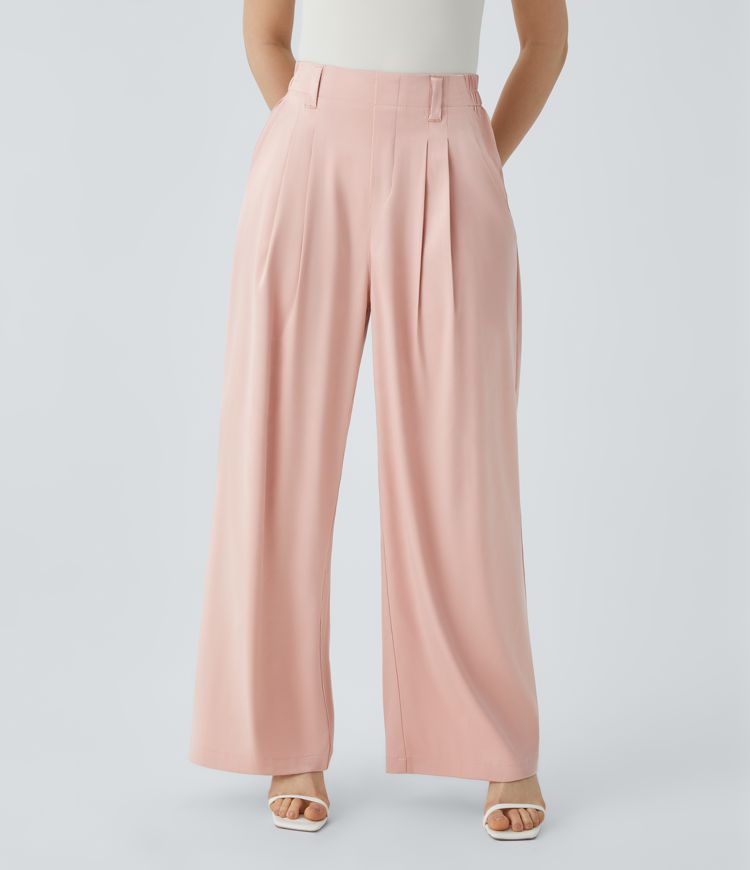 High Waisted Side Pocket Wide Leg Satin Work Pants