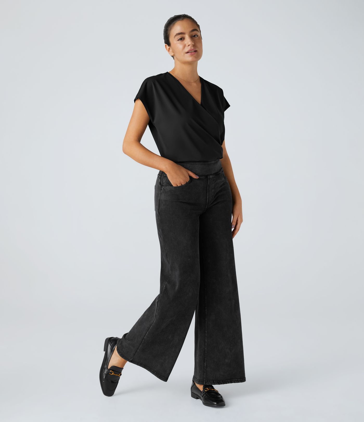 V Neck Cap Sleeve Crossover Ruched Work Bodysuit