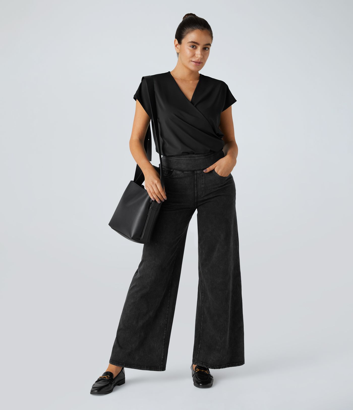 V Neck Cap Sleeve Crossover Ruched Work Bodysuit