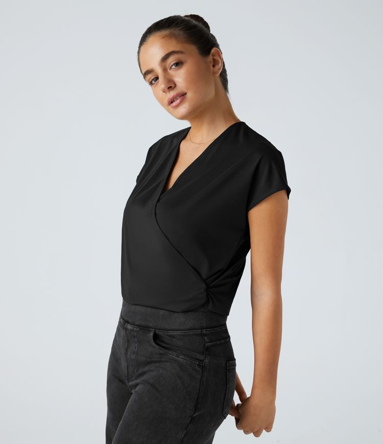 V Neck Cap Sleeve Crossover Ruched Work Bodysuit