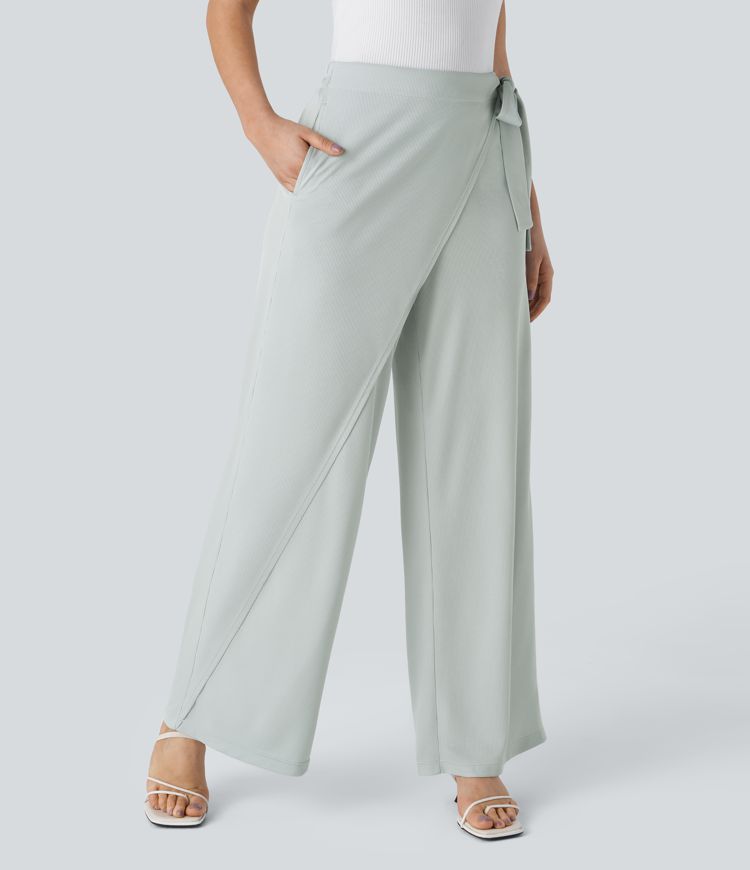 Pantalón gofre pierna recta bolsillo lateral lazo tiro alto