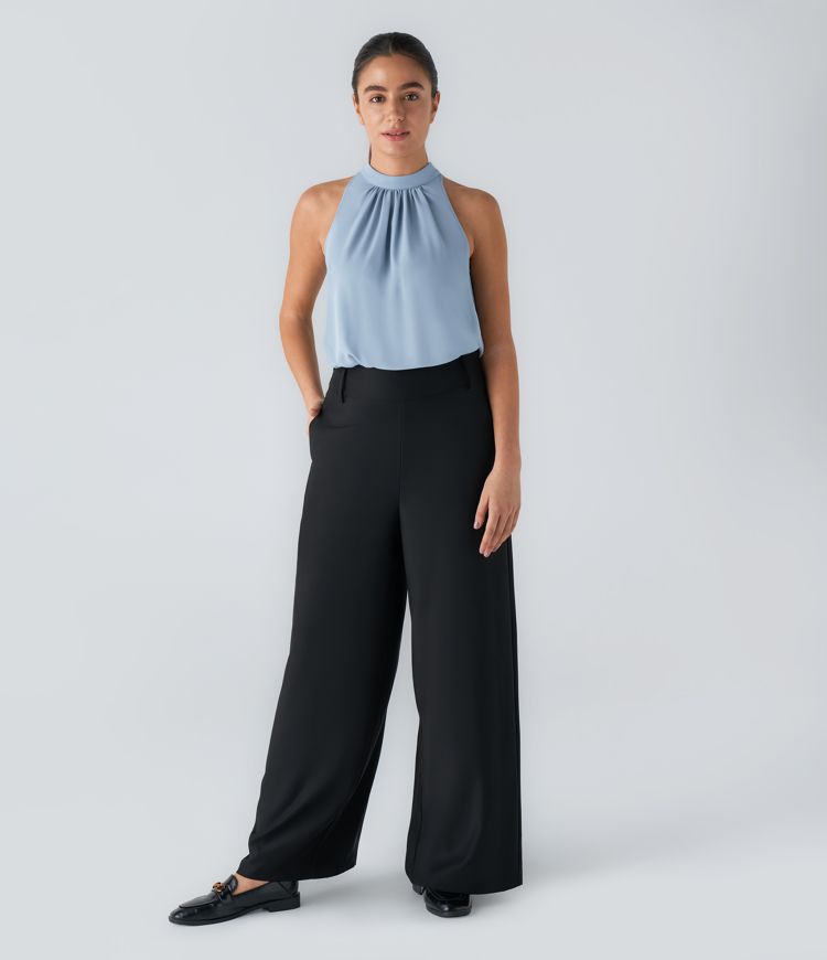 Body oficina sin mangas plisado cuello halter espalda abertura