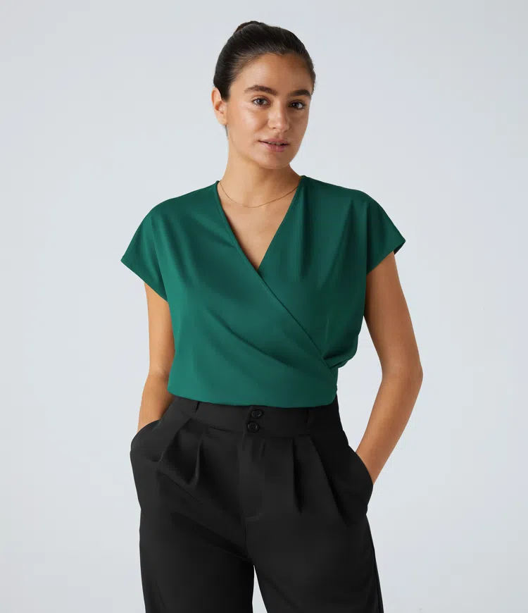 Body traje fruncido cruzado manga japonesa cuello V