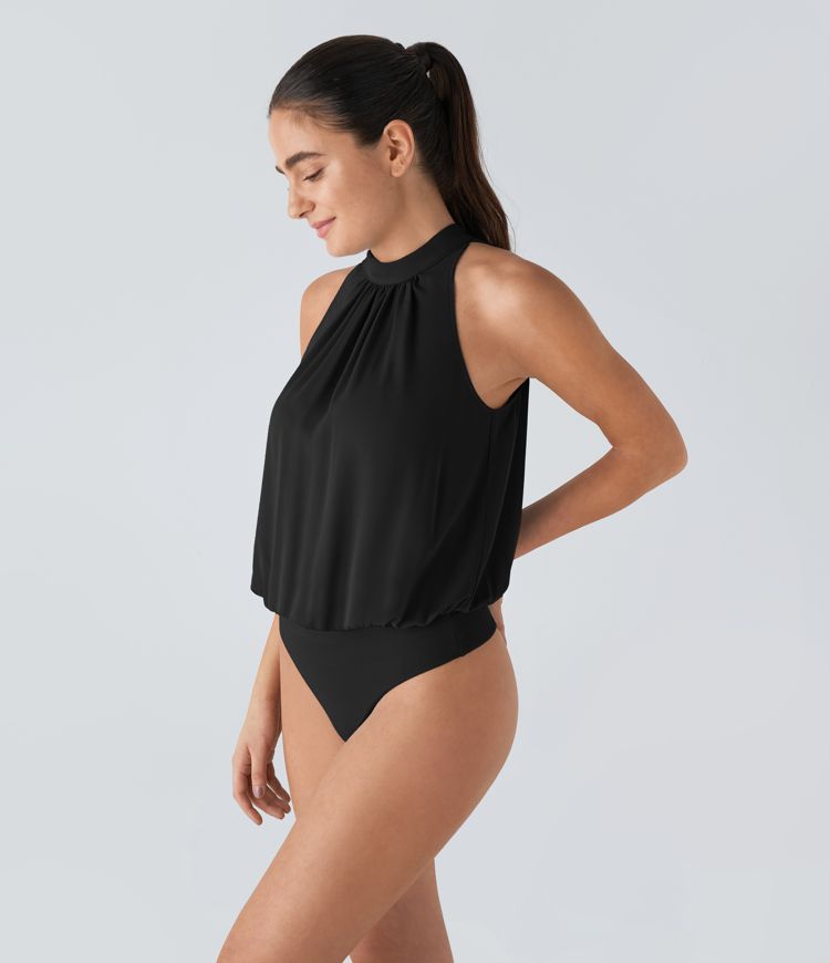 Keyhole Back Halter Sleeveless Work Bodysuit