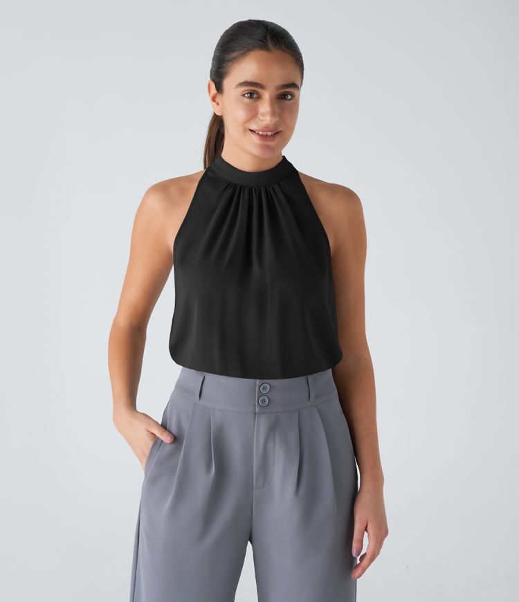 Black Keyhole Back Halter Sleeveless Work Bodysuit / 1