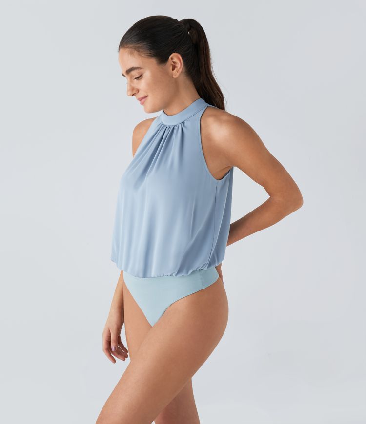 Body oficina sin mangas plisado cuello halter espalda abertura