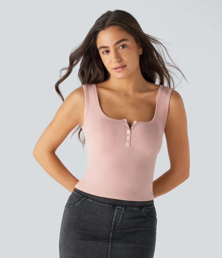 Ribbed Square Neck Front Casual Tank Top