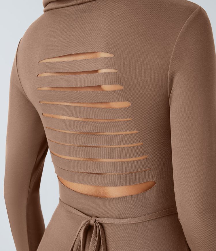 Robe décontractée mi-longue 2 pièces, côtelée, à capuche, col montant, manches longues, dos ouvert et lacé, fendue