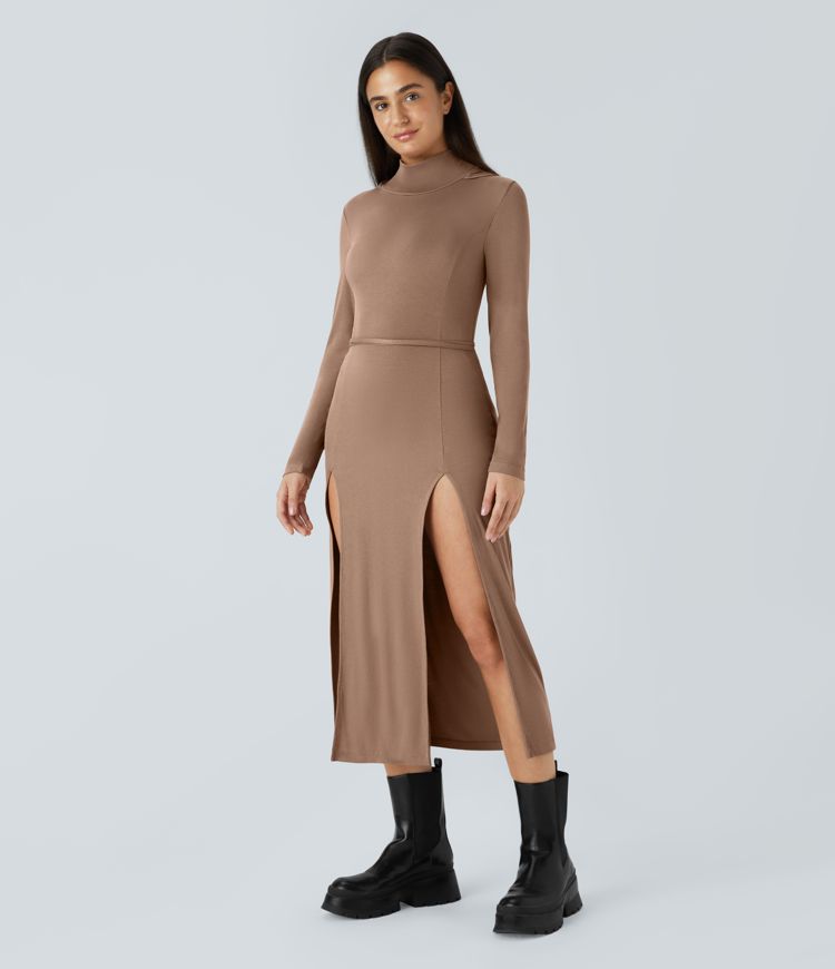 Ribbed Hooded High Neck Long Sleeve Cut Out Tie Back 2-Piece Midi Casual Dress