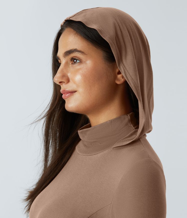 Robe décontractée mi-longue 2 pièces, côtelée, à capuche, col montant, manches longues, dos ouvert et lacé, fendue