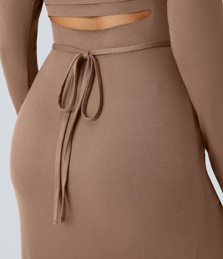 Robe décontractée mi-longue 2 pièces, côtelée, à capuche, col montant, manches longues, dos ouvert et lacé, fendue