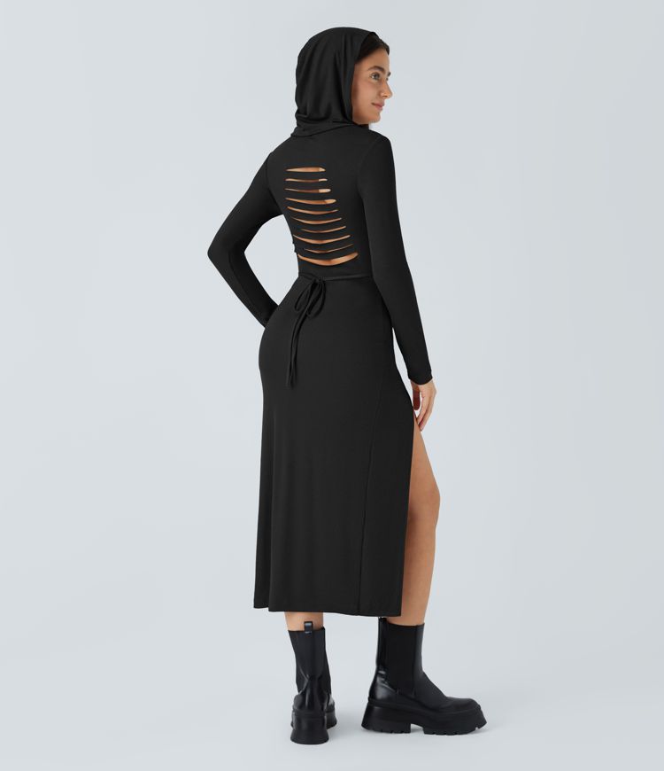 Ribbed Hooded High Neck Long Sleeve Cut Out Tie Back 2-Piece Midi Casual Dress