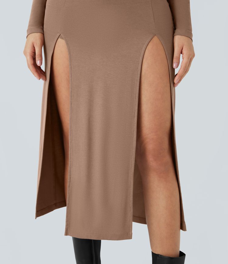 Robe décontractée mi-longue 2 pièces, côtelée, à capuche, col montant, manches longues, dos ouvert et lacé, fendue