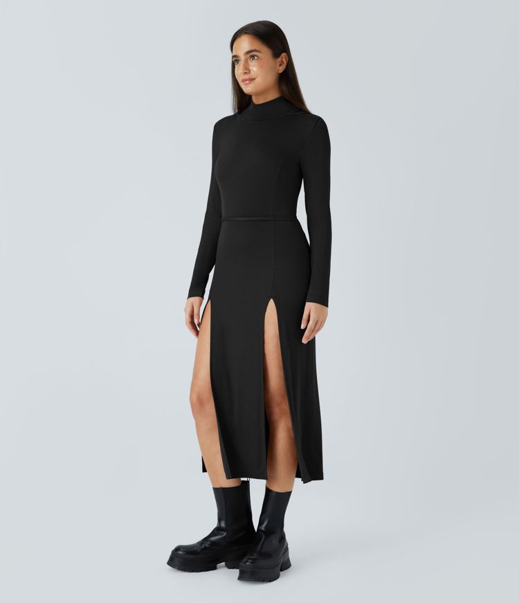 Ribbed Hooded High Neck Long Sleeve Cut Out Tie Back 2-Piece Midi Casual Dress