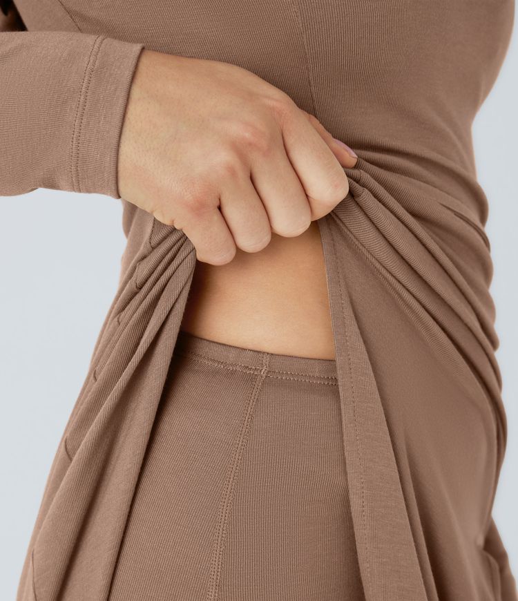 Robe décontractée mi-longue 2 pièces, côtelée, à capuche, col montant, manches longues, dos ouvert et lacé, fendue