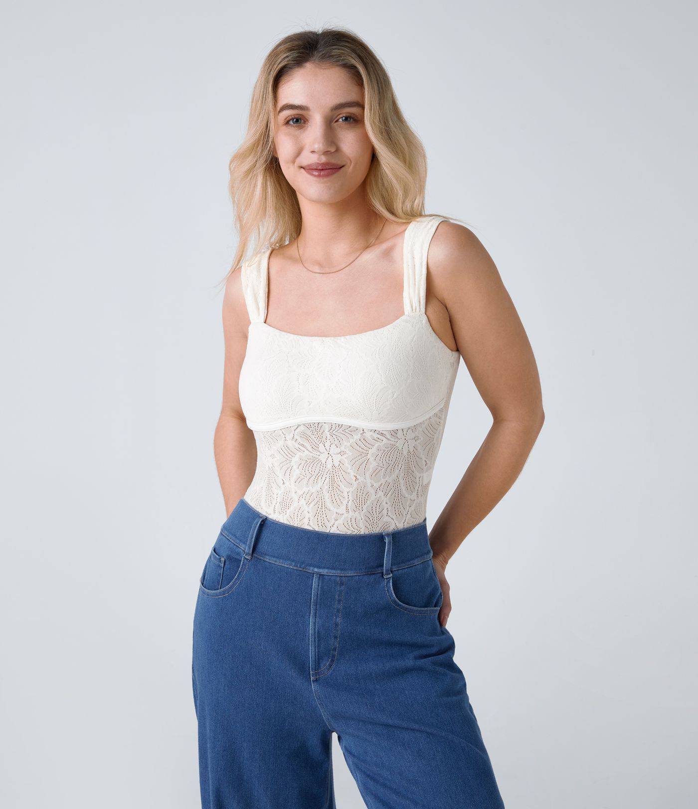 Square Neck Sleeveless Backless Skinny Lace Casual Bodysuit