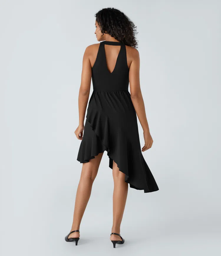 Breezeful™ V-neck backless side pocket ruffle hem flowy quick dry midi bridal & guest look dress