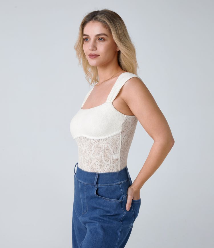 Body Casual Skinny Dentelle Sans Manches Col Carré Dos Nu