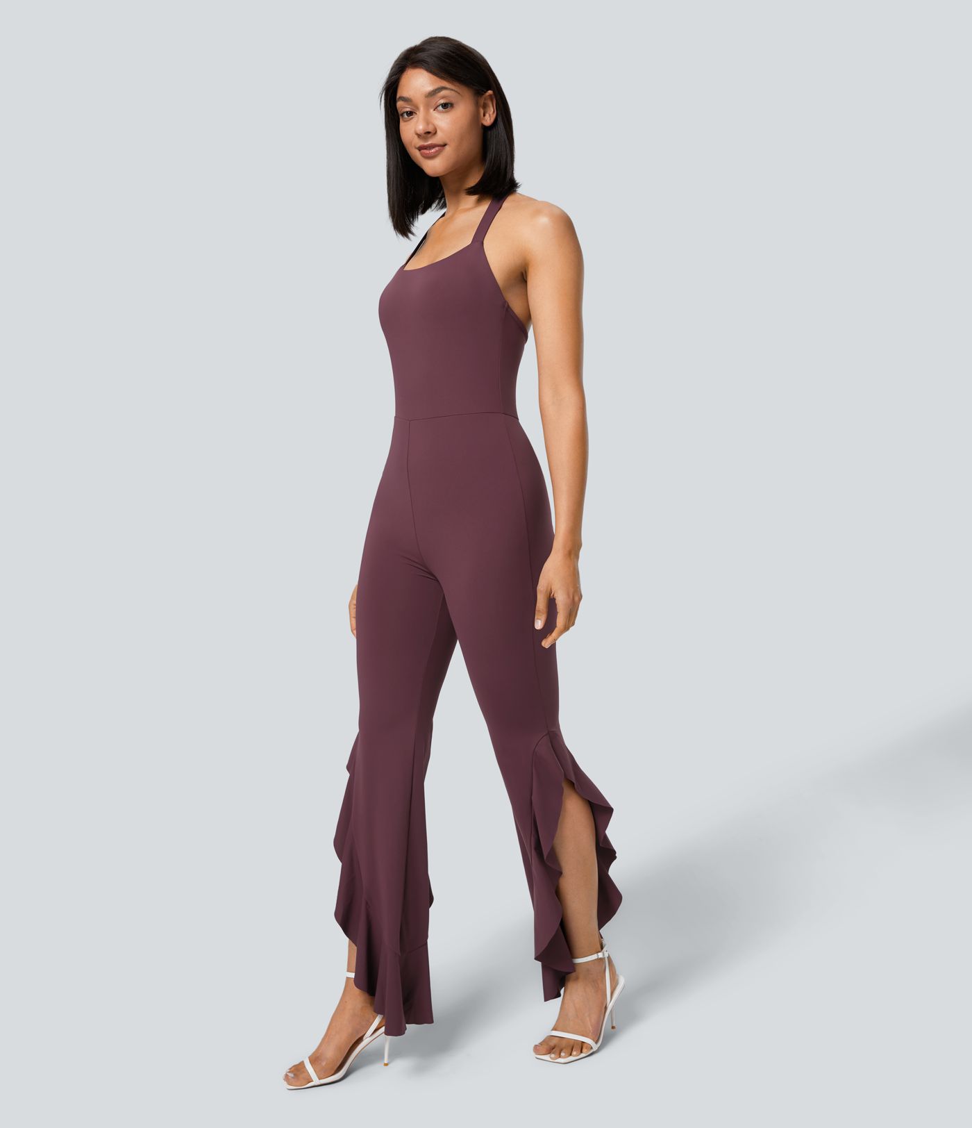 Backless Halter G-Hook Ruched Asymmetric Ruffle Skinny Casual Jumpsuit