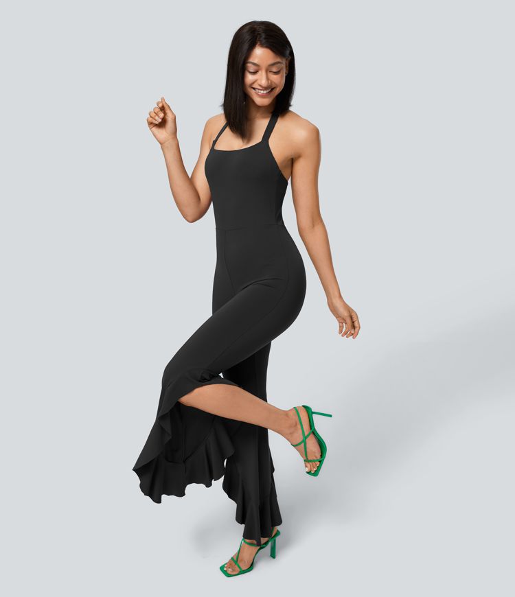 Combinaison Casual Skinny à Dos Nu Attache G Froncée avec Volants Asymétriques