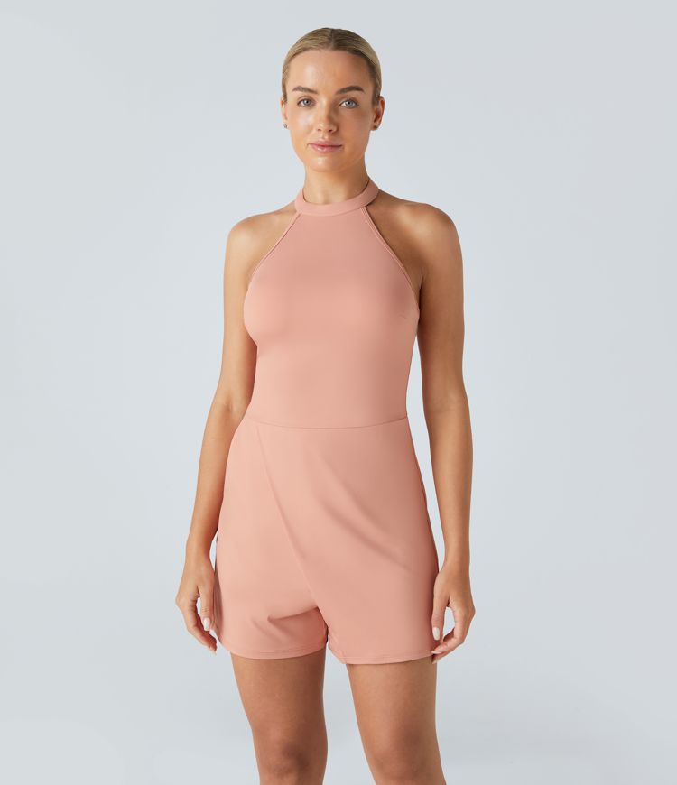 Halter Button Backless Sleeveless Side Pocket Wrapped Hem Casual Jumpsuit