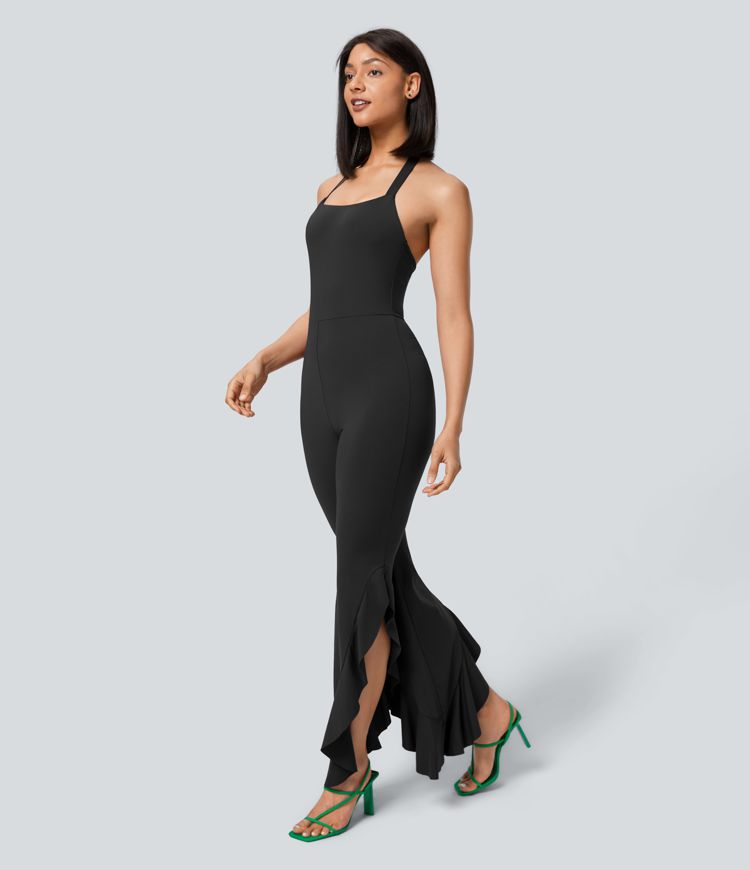 Combinaison Casual Skinny à Dos Nu Attache G Froncée avec Volants Asymétriques