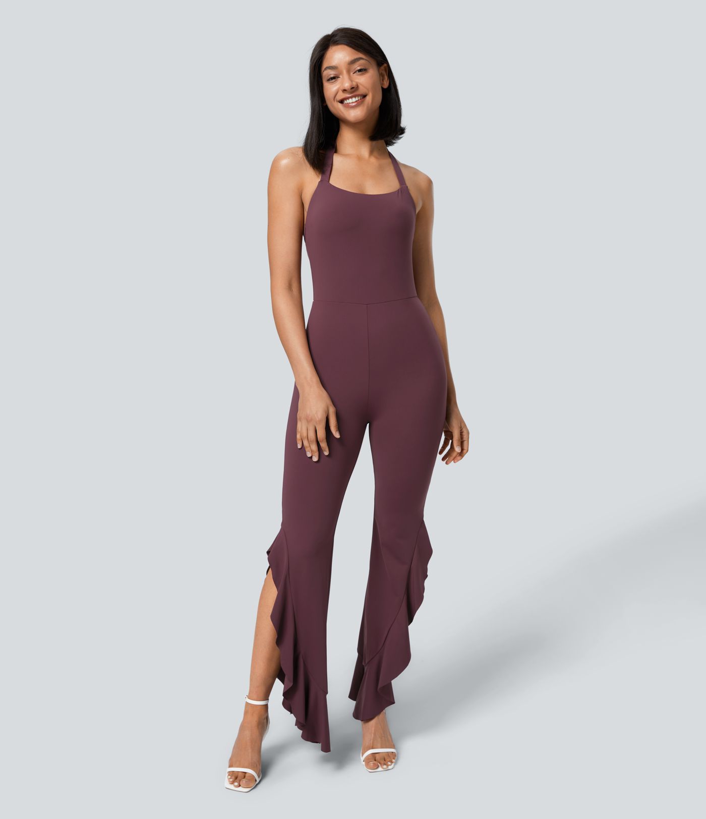Backless Halter G-Hook Ruched Asymmetric Ruffle Skinny Casual Jumpsuit