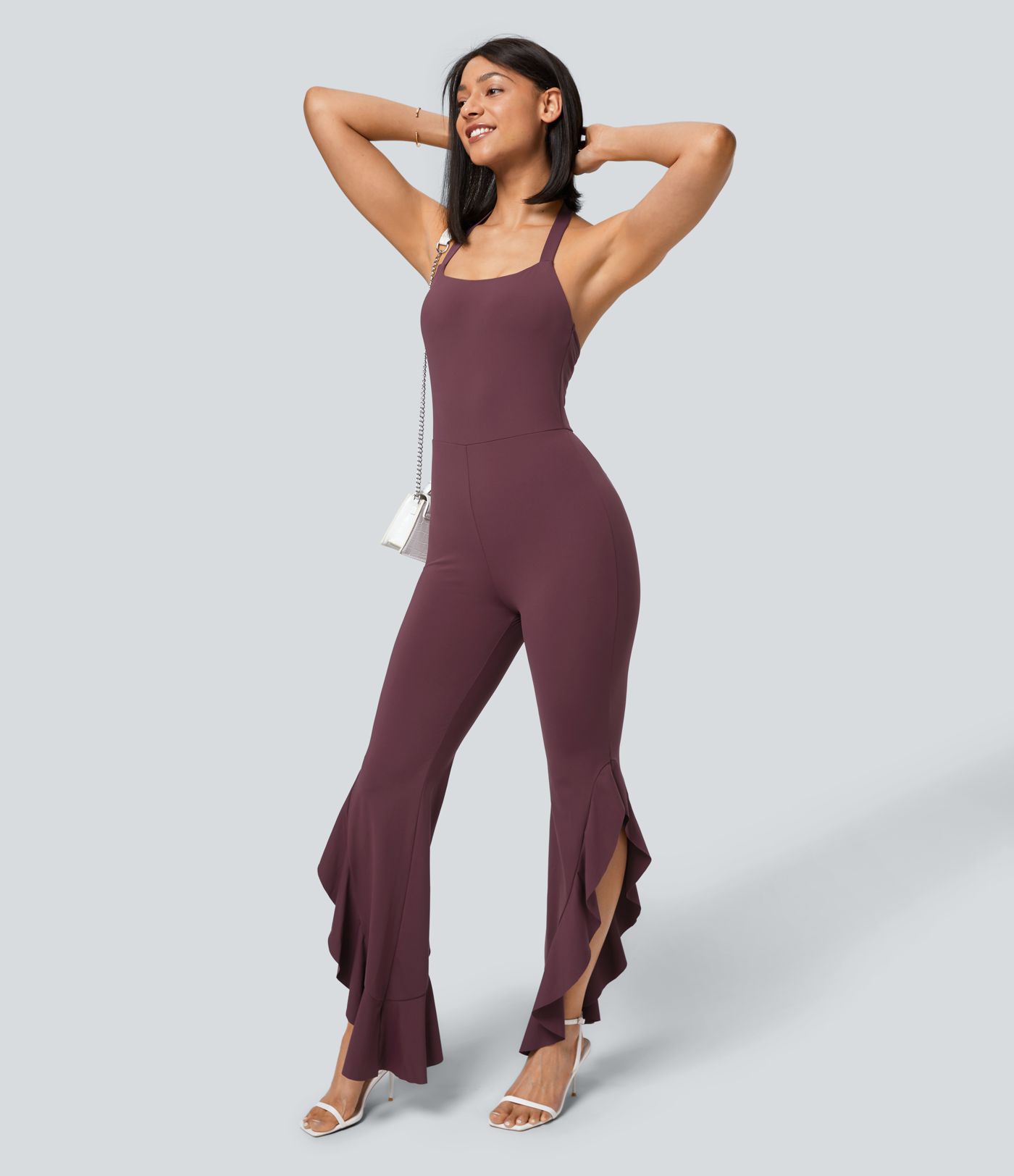Backless Halter G-Hook Ruched Asymmetric Ruffle Skinny Casual Jumpsuit
