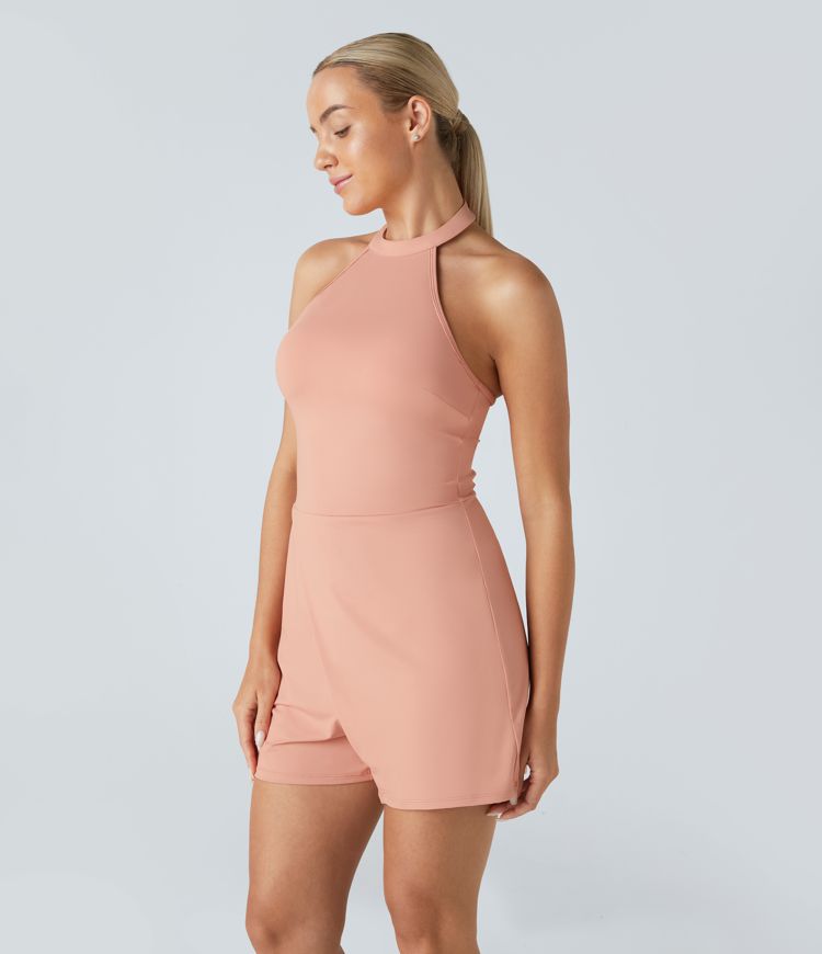 Halter Button Backless Sleeveless Side Pocket Wrapped Hem Casual Jumpsuit