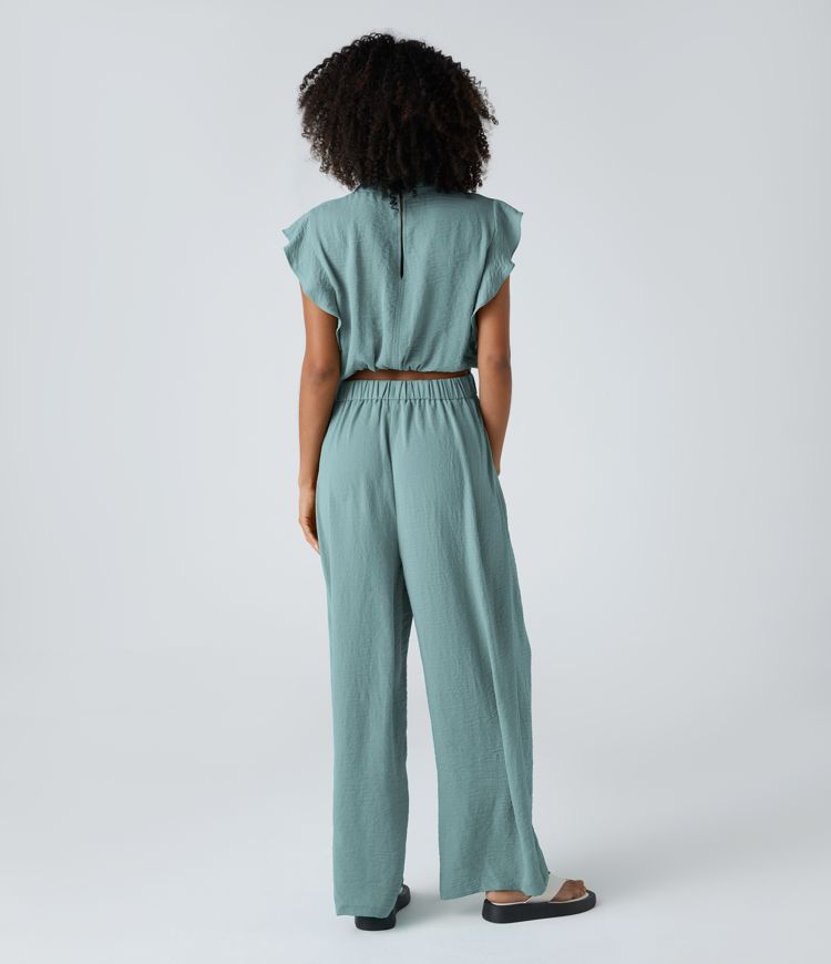 Crisscross Lace Up Ruffle Cap Sleeve Button Cut Out Side Pocket Casual Linen-Feel Jumpsuit