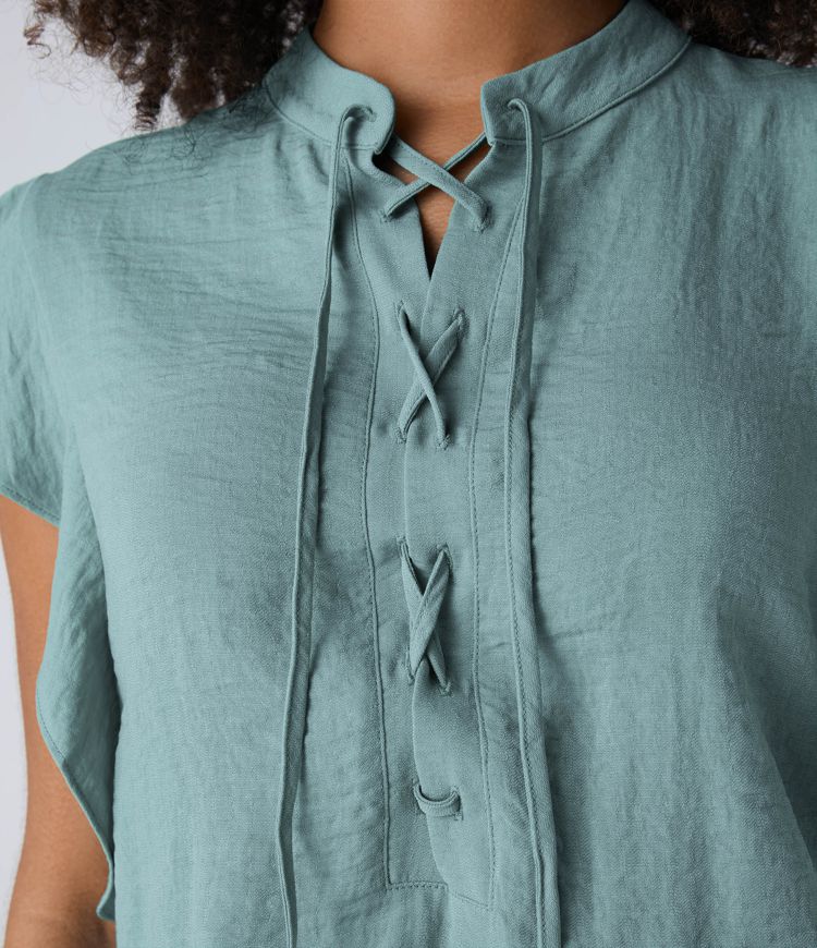 Lace Up Ruffle Cap Sleeve Cut Out Pocket Casual Linen-Feel Jumpsuit