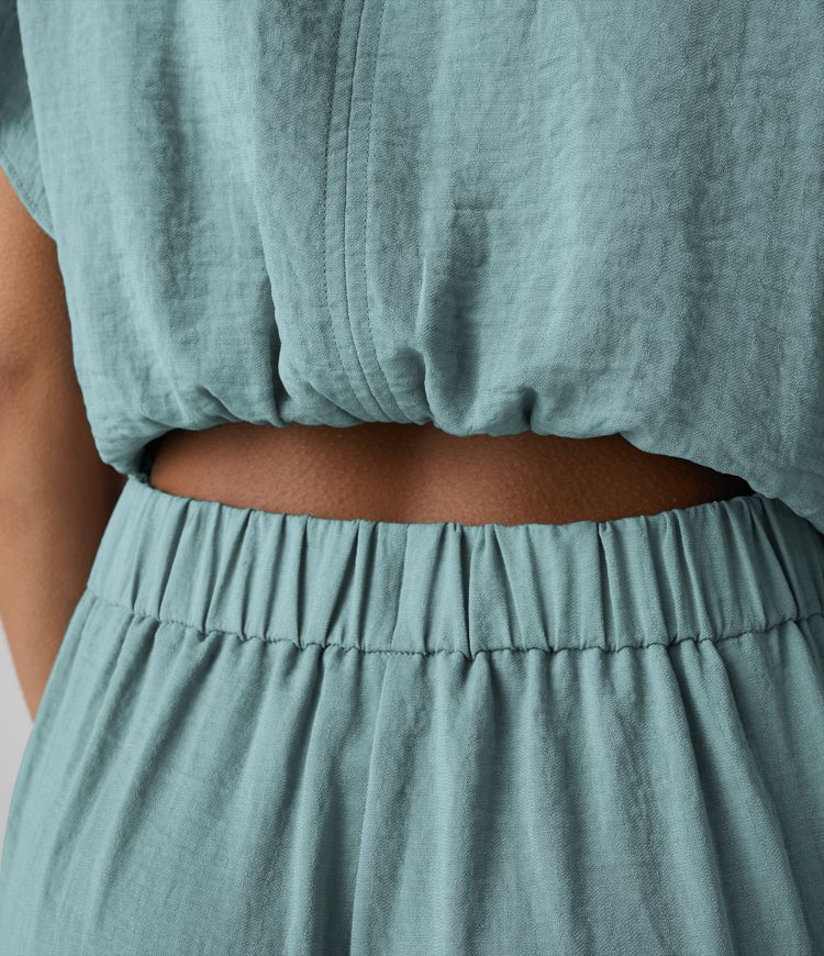 Lace Up Ruffle Cap Sleeve Cut Out Pocket Casual Linen-Feel Jumpsuit