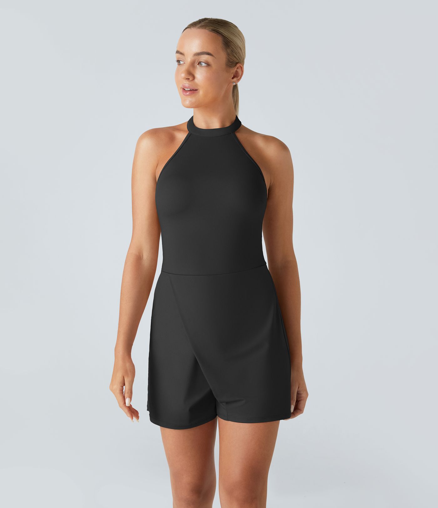 Combinaison Casual sans Manches à Dos Nu avec Col Halter Boutons et Poches Latérales Ourlet Enveloppé