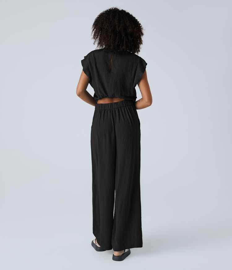 Criscross lace-up frill cap sleeve button cutout side pocket casual linen-style jumpsuit