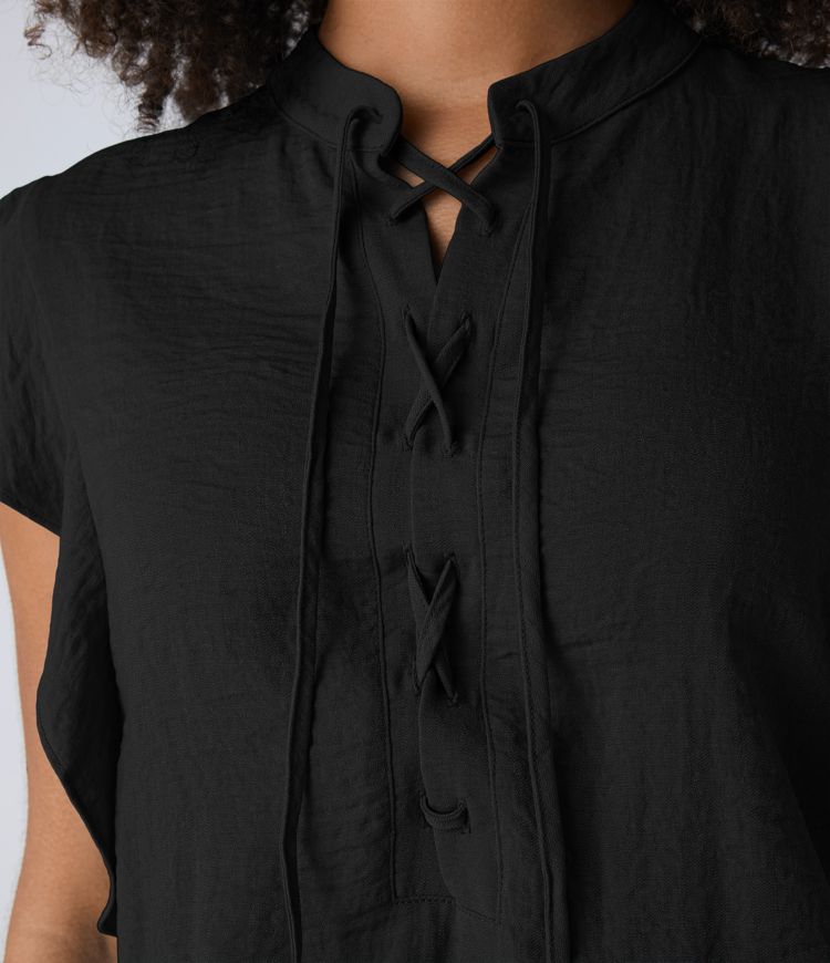 Criscross lace-up frill cap sleeve button cutout side pocket casual linen-style jumpsuit