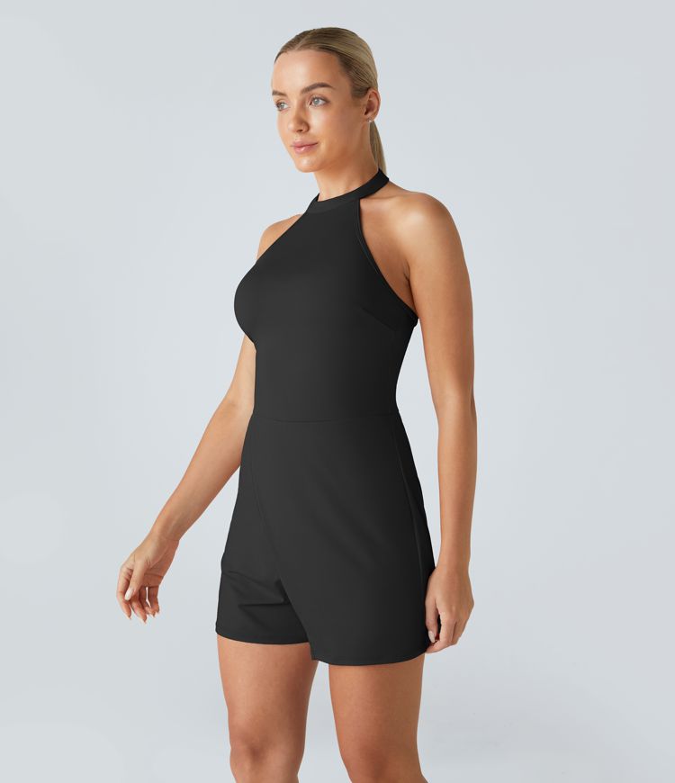 Combinaison Casual sans Manches à Dos Nu avec Col Halter Boutons et Poches Latérales Ourlet Enveloppé