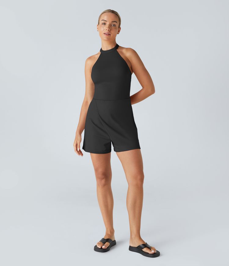 Combinaison Casual sans Manches à Dos Nu avec Col Halter Boutons et Poches Latérales Ourlet Enveloppé